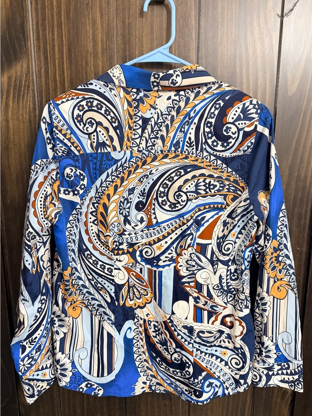 Chico's Blue, Navy & Orange Paisley Button-Front Blouse - Picture 7 of 7
